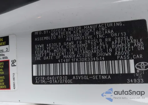 2013 Toyota Camry Le из США, поврежденный, VIN 4T4BF1FK3DR334514